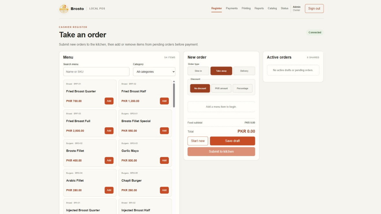 Brosto cashier register showing a searchable menu, order types, discounts, and active orders