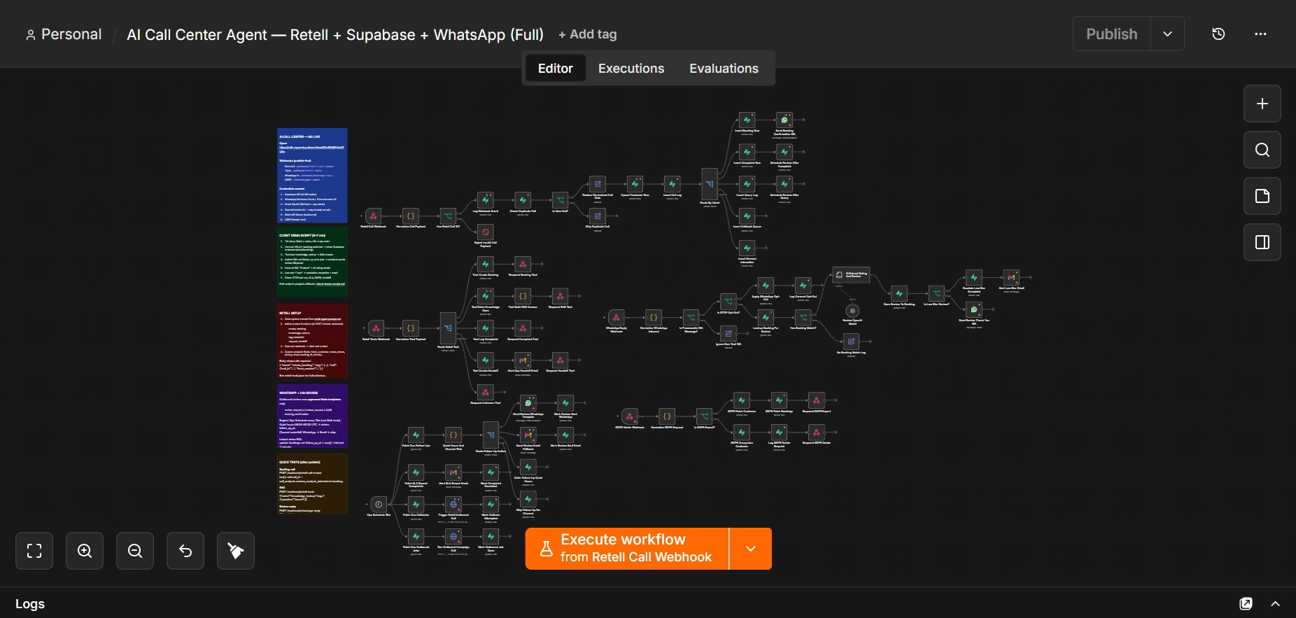 Workflow diagram connecting a voice assistant with customer records and follow-up tasks