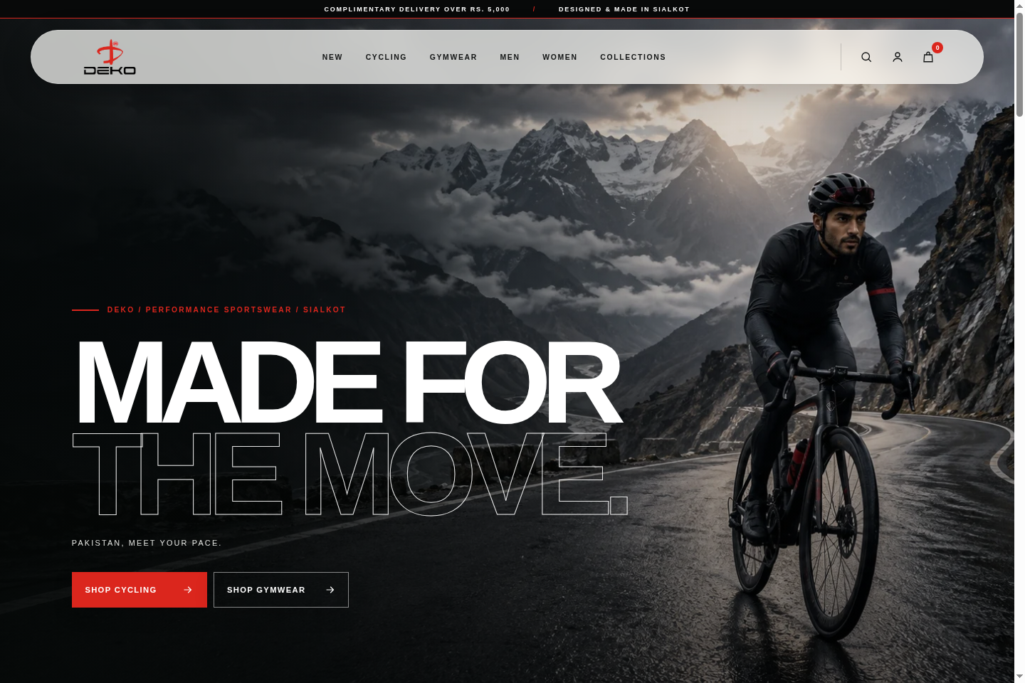 DEKO Sports storefront with cycling imagery, collection navigation, and shopping links