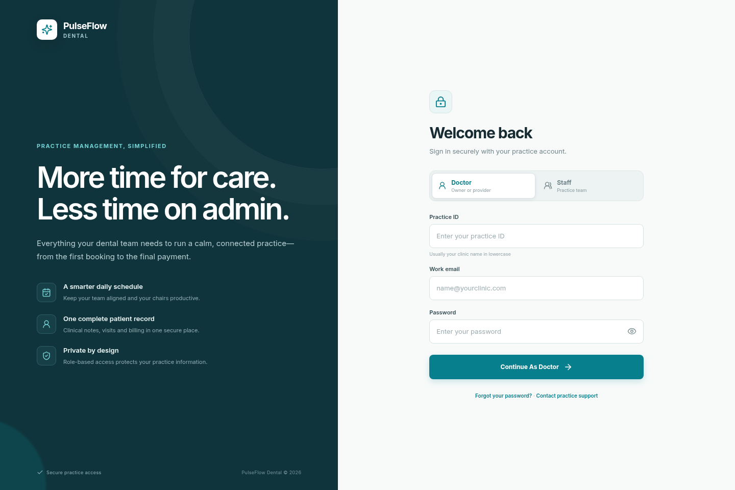 PulseFlow Dental sign-in page with separate doctor and staff access