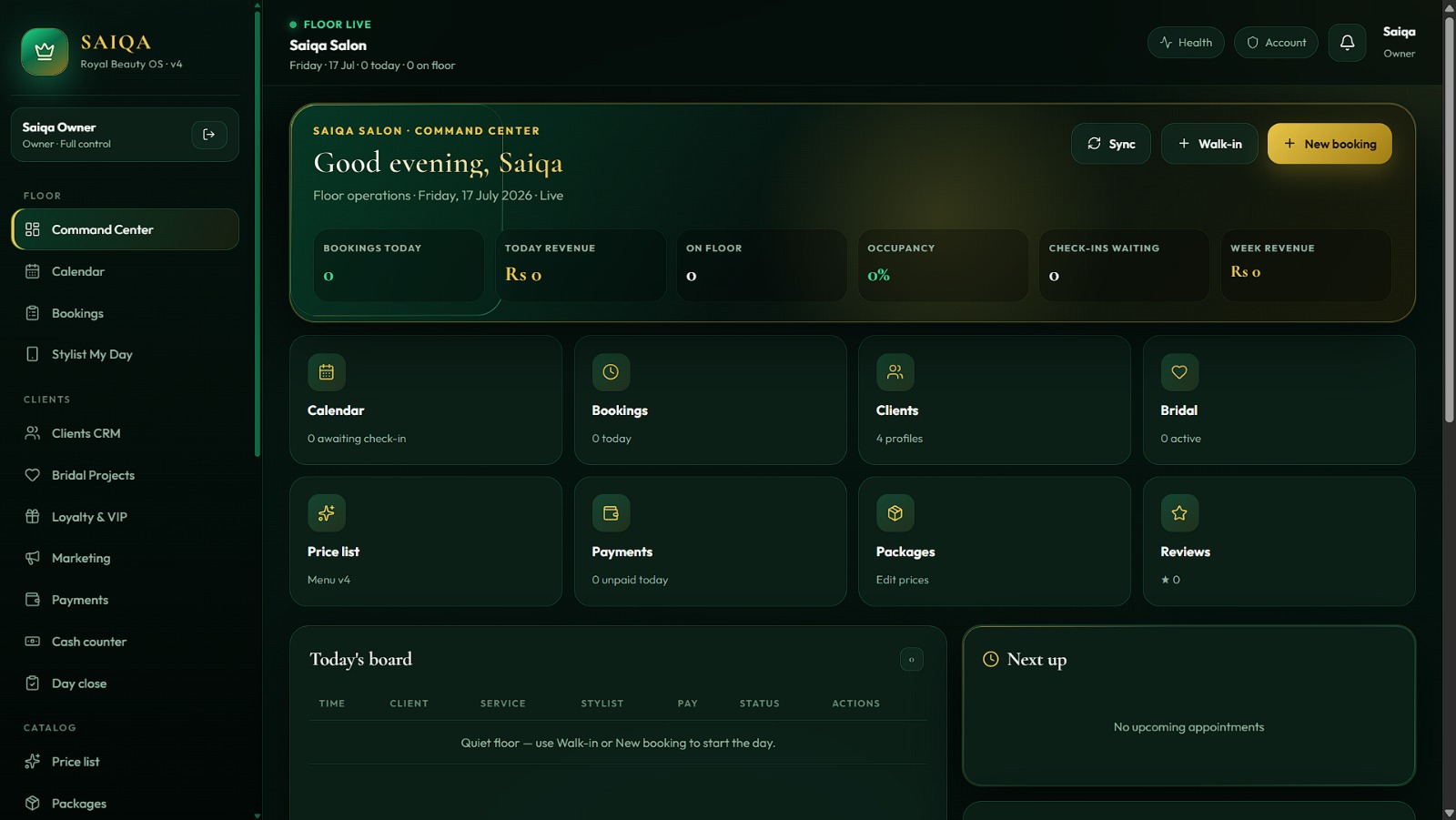 Salon management dashboard showing bookings, floor activity, and daily reporting