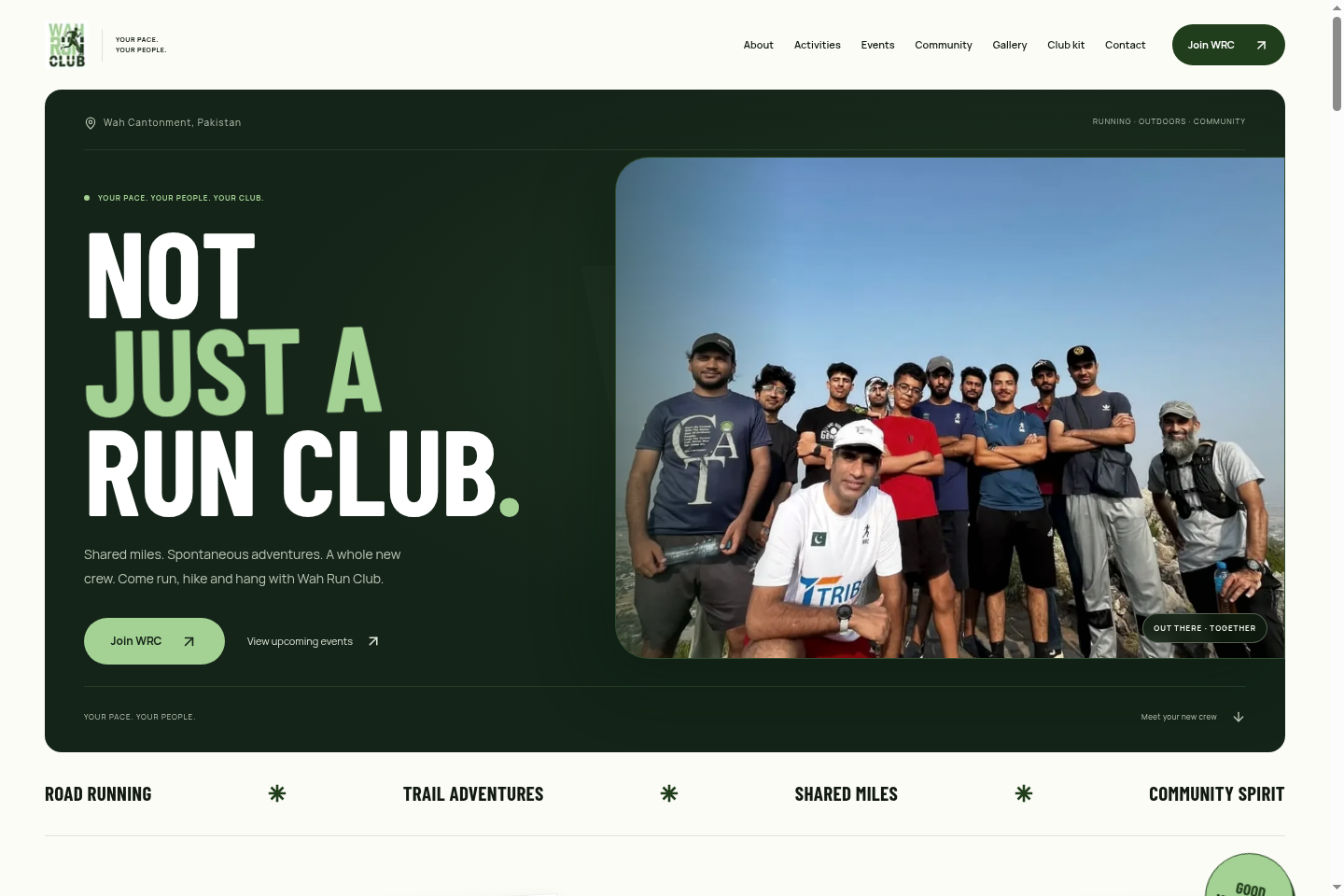 Wah Run Club homepage with a community photograph and links to join or explore events